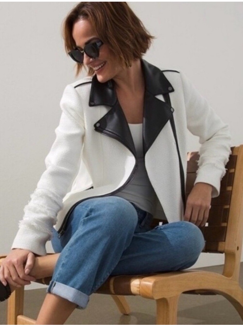 new chico's tweed and vegan leather moto jacket size small nwt
